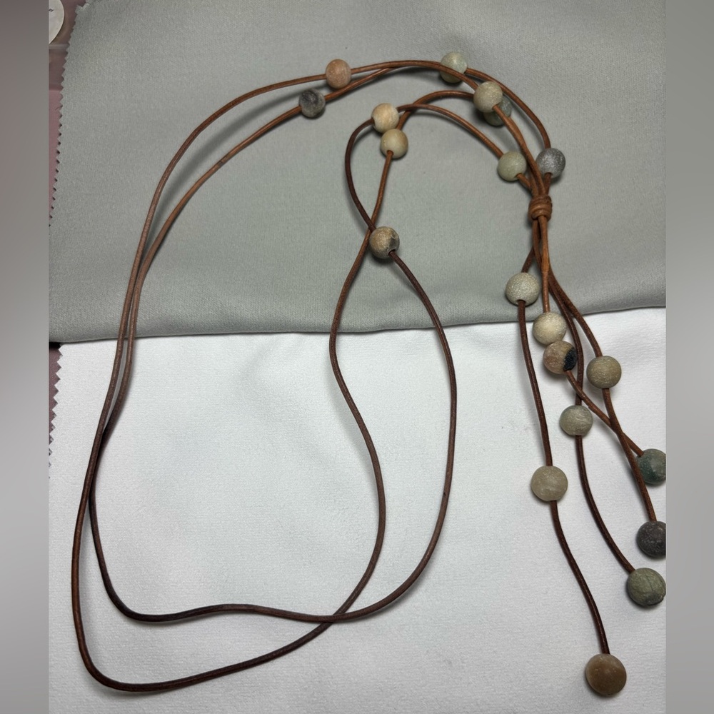 Vintage Boho Leather & Blue Gray stones tassel Necklace
